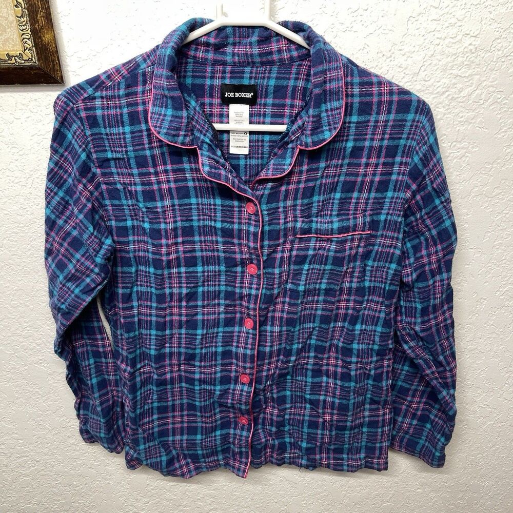 Joe Boxer Womens M Navy Pink Turquoise Fleece Pajama Long Sleeve Button Up Shirt
